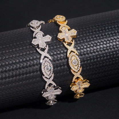 14mm Moissanite Cuban Link Bracelet with Cross & Eye Design – S925 Sterling Silver Iced-Out Hip Hop Streetwear Jewelry - CaratixJewelry