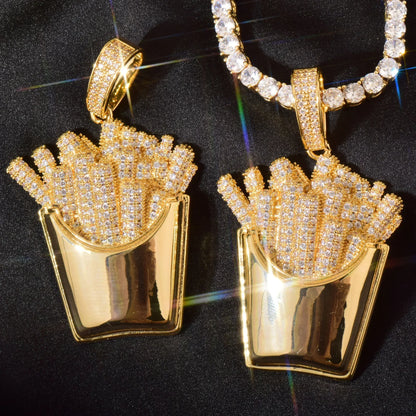Iced Out French Fries Pendant Necklace | CZ Hip Hop Unisex Trendy Jewelry - CaratixJewelry