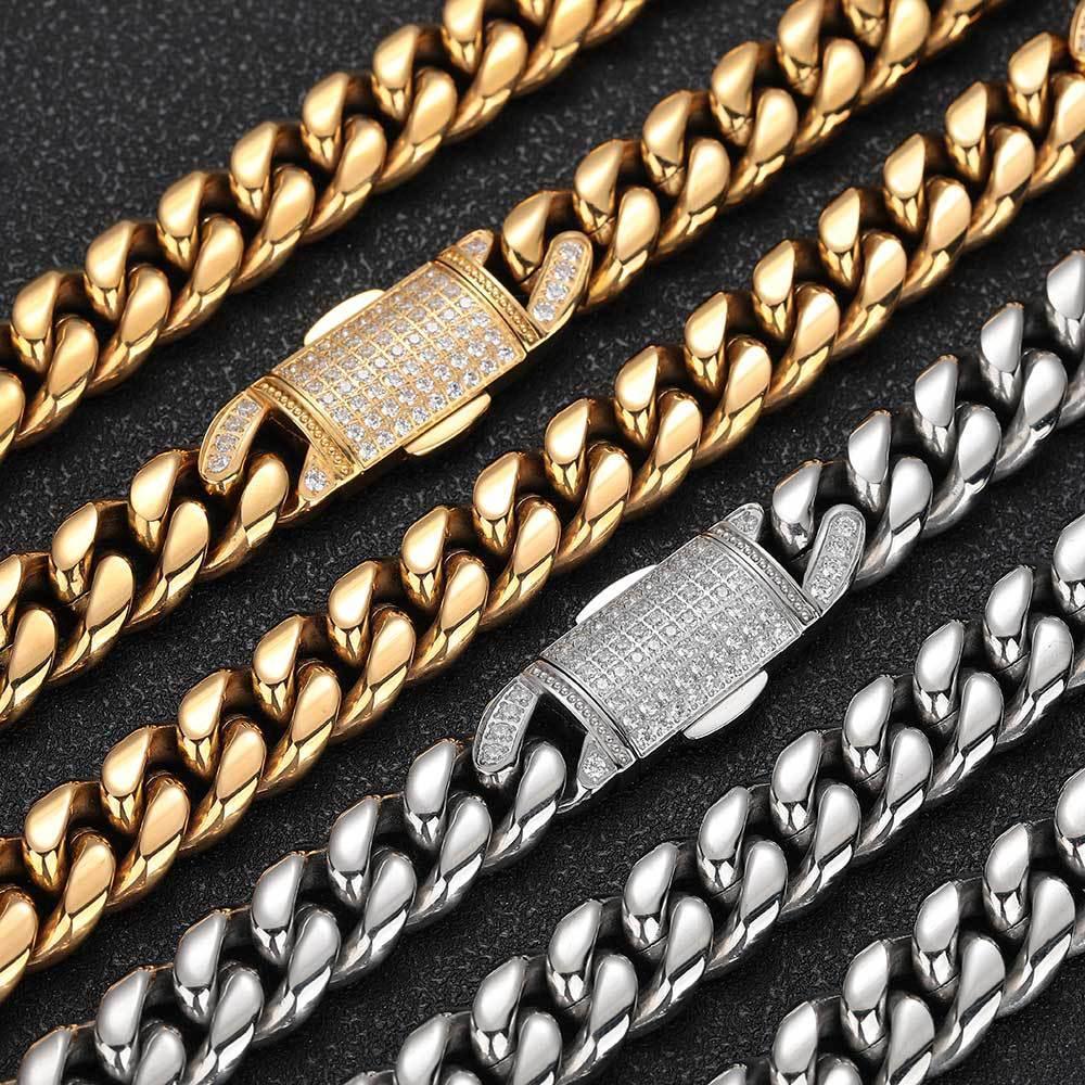 Iced-Out Stainless Steel Cuban Link Necklace with Spring Clasp for Men | Caratix Jewelry - CaratixJewelry