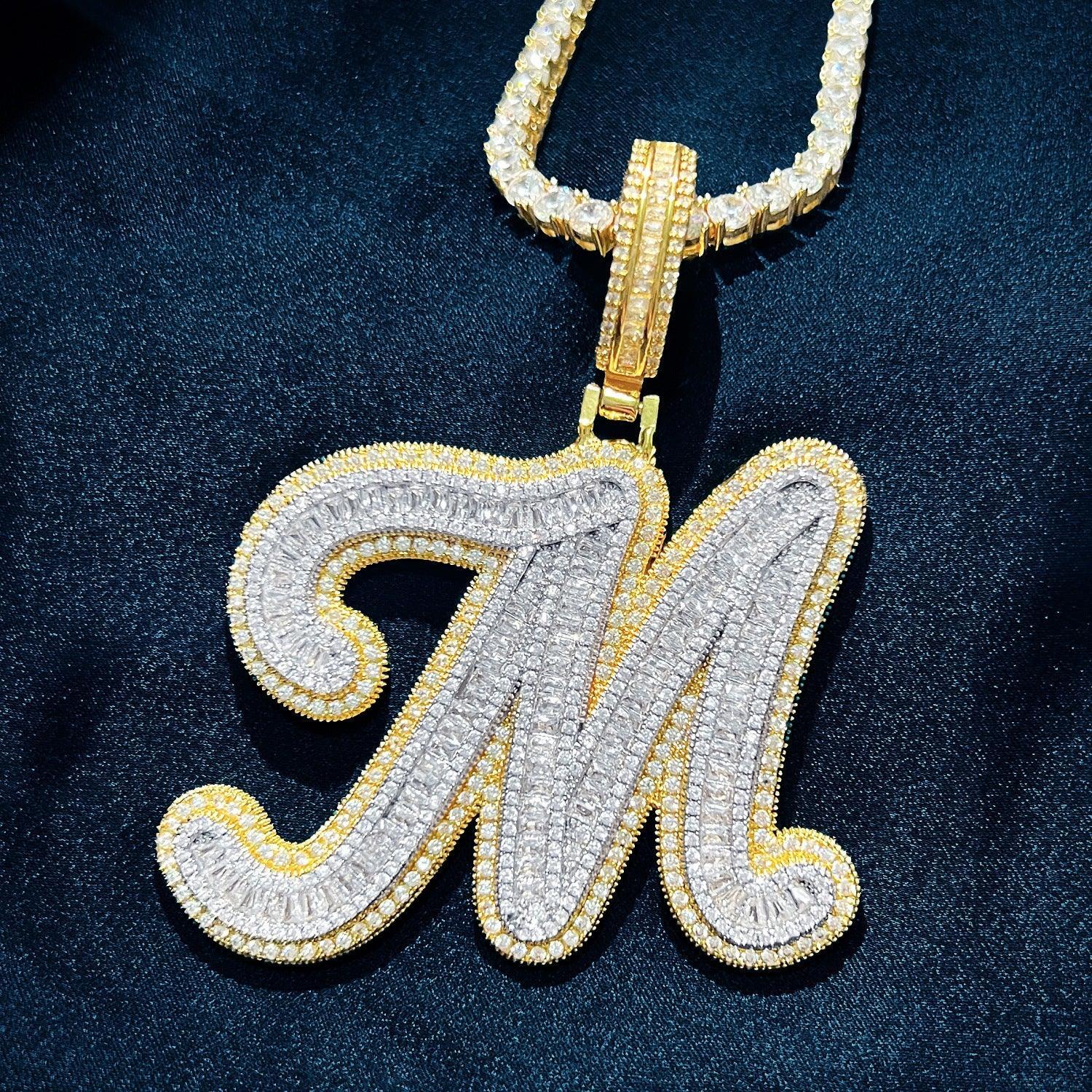Baguette Script Letter Pendant | CZ Iced Out Hip Hop Unisex Streetwear Necklace - CaratixJewelry