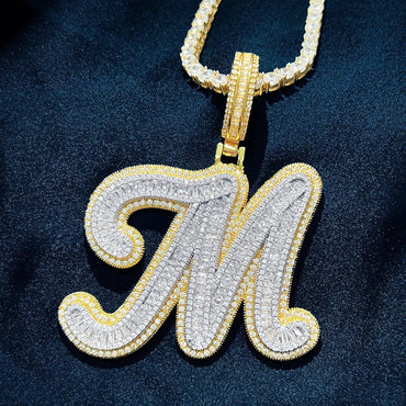 Baguette Script Letter Pendant | CZ Iced Out Hip Hop Unisex Streetwear Necklace - CaratixJewelry