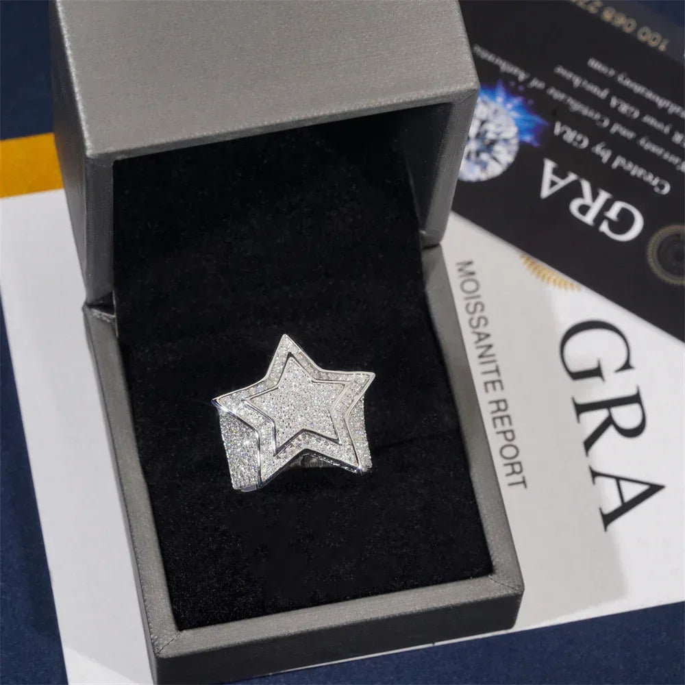 D-Color VVS Moissanite Star Ring | S925 Silver Unisex Iced Out Hip Hop Jewelry - CaratixJewelry