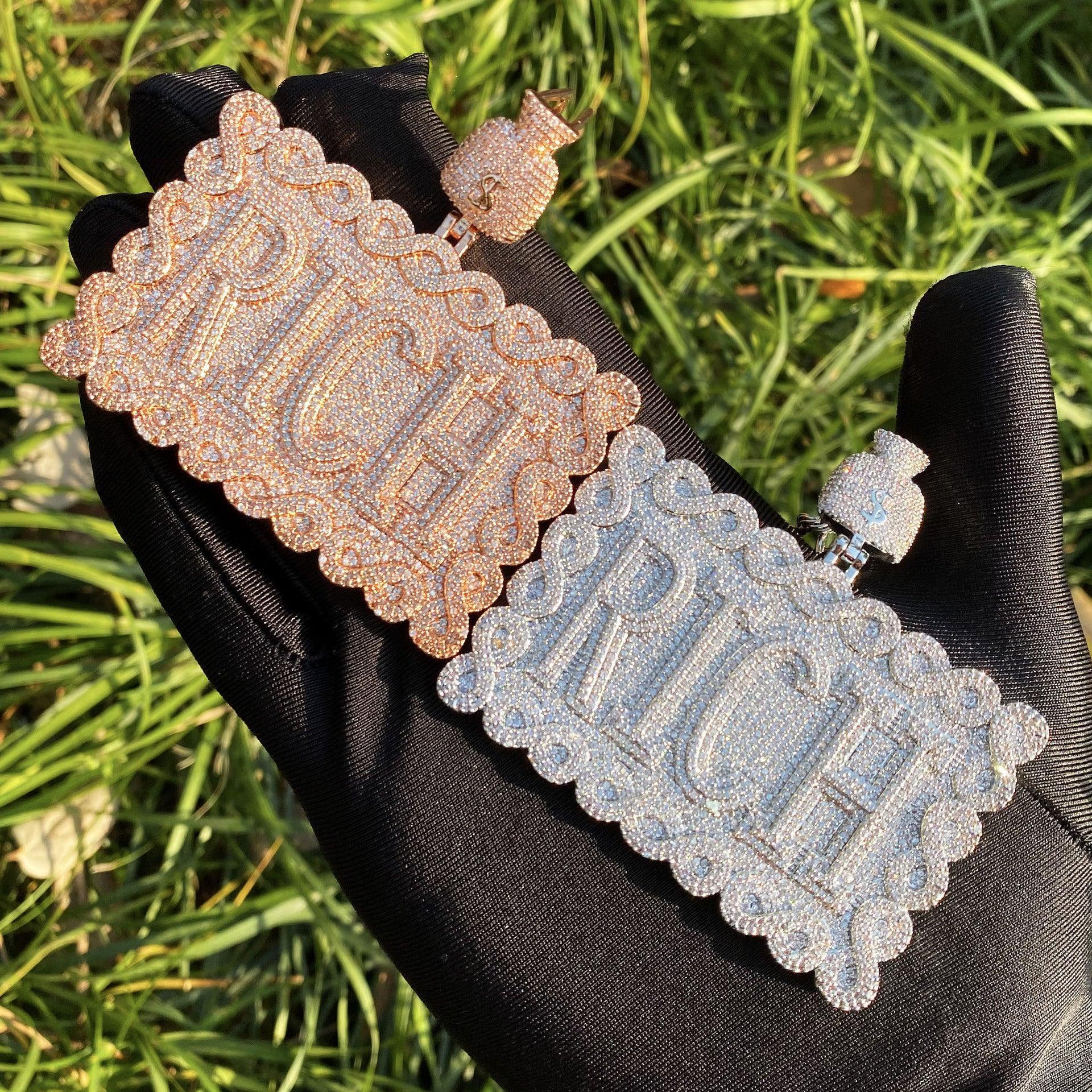 Iced Out "RICH" Dollar Sign Pendant | Men's Real Copper Square Medallion Necklace - CaratixJewelry