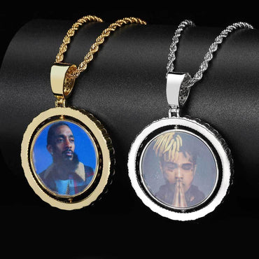 Custom Rotating Double-Sided Round Photo Pendant Necklace with Micro-Pave Zircon Stones | Caratix Jewelry - CaratixJewelry