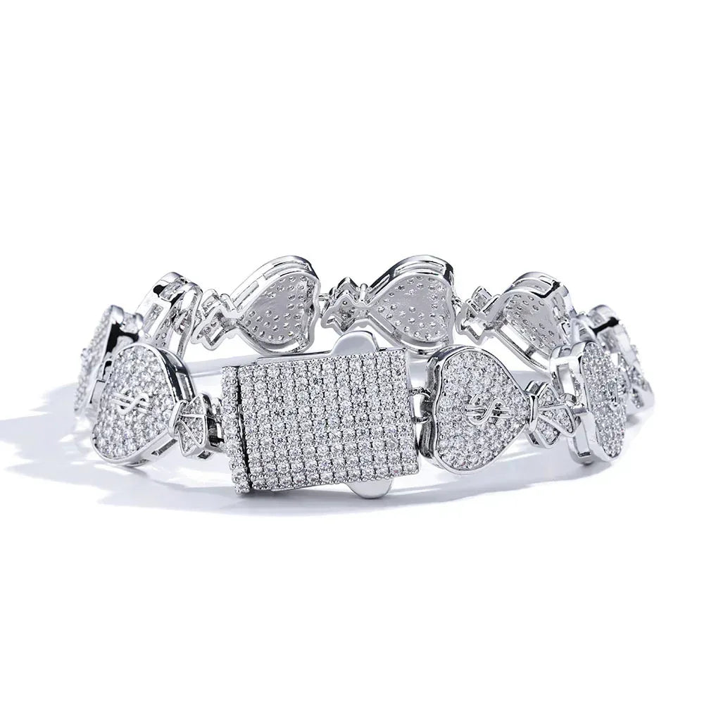 15mm Money Bag Cuban Bracelet Zircon Rapper Chain - CaratixJewelry