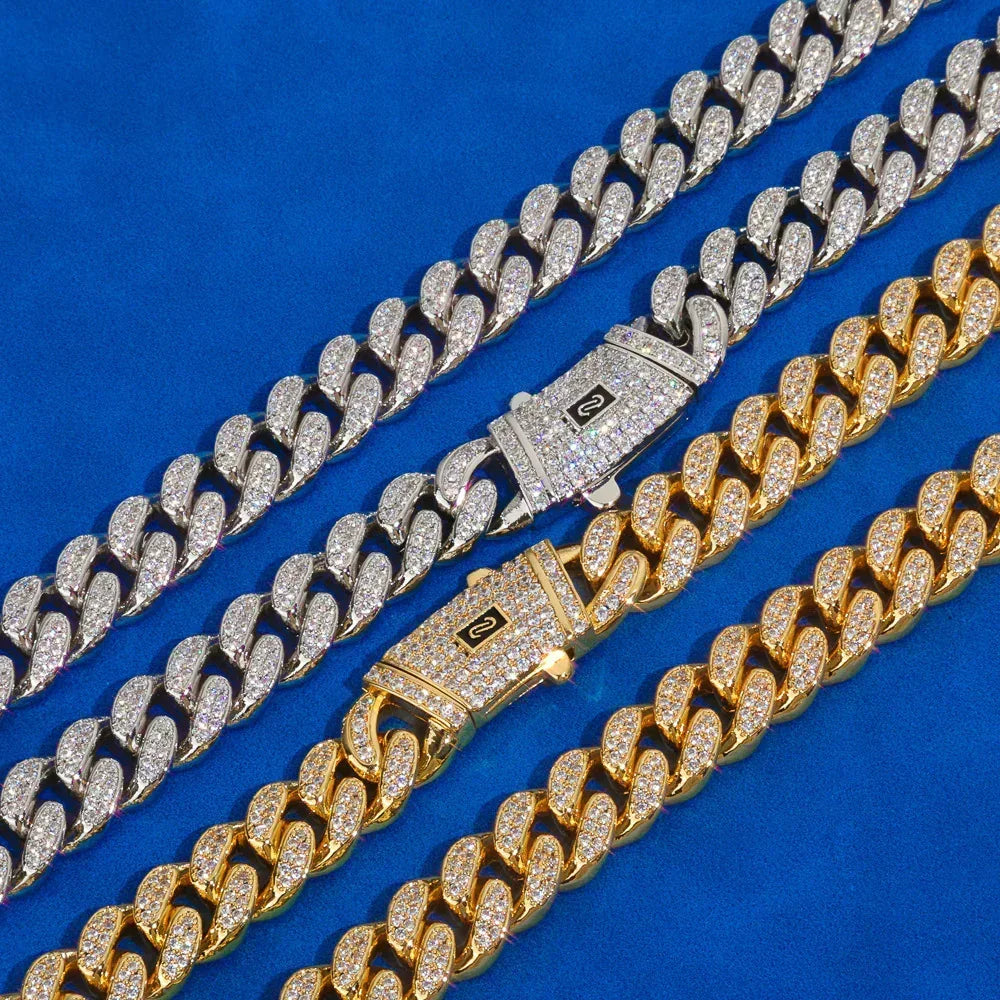 12mm Double-Row Moissanite Moroccan Cuban Chain in S925 Sterling Silver - CaratixJewelry