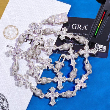 Moissanite Cross Necklace with Mixed-Cut Bead & T-Bar Chain – S925 Sterling Silver Vintage Hip Hop Jewelry for Men - CaratixJewelry