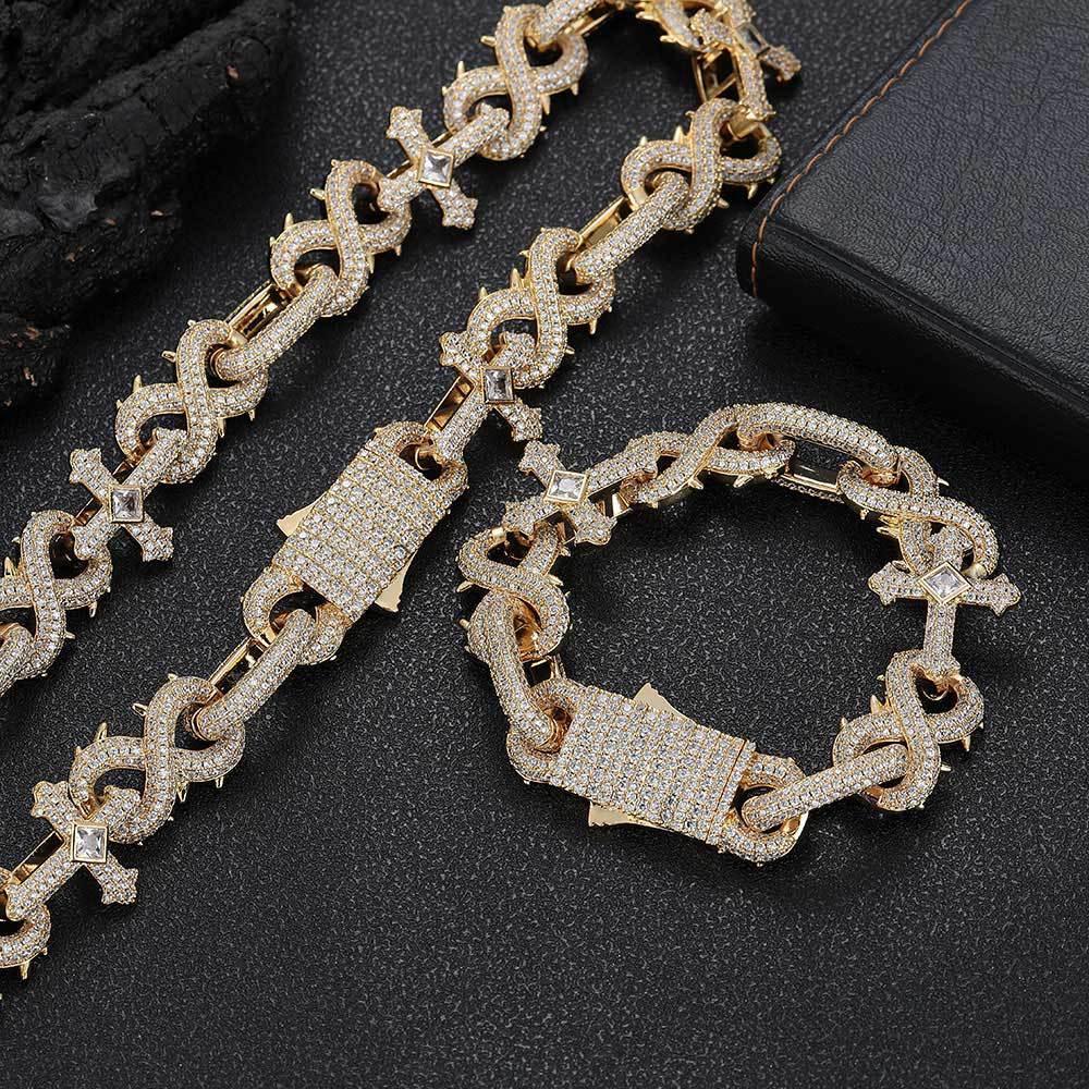 Thorn Cross Moissanite Cuban Link Chain with Figure-8 Clasp – Custom S925 Sterling Silver Iced-Out Hip Hop Men’s Streetwear Necklace - CaratixJewelry