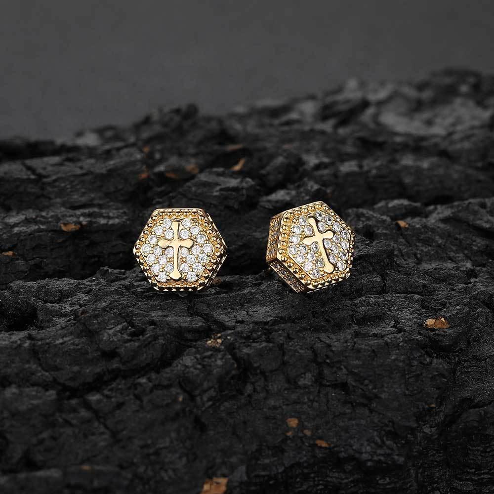 Hexagonal Cross Zircon Stud Earrings for Men and Women | Iced Out Hip Hop Jewelry | Caratix Jewelry - CaratixJewelry