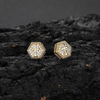 Hexagonal Cross Zircon Stud Earrings for Men and Women | Iced Out Hip Hop Jewelry | Caratix Jewelry - CaratixJewelry