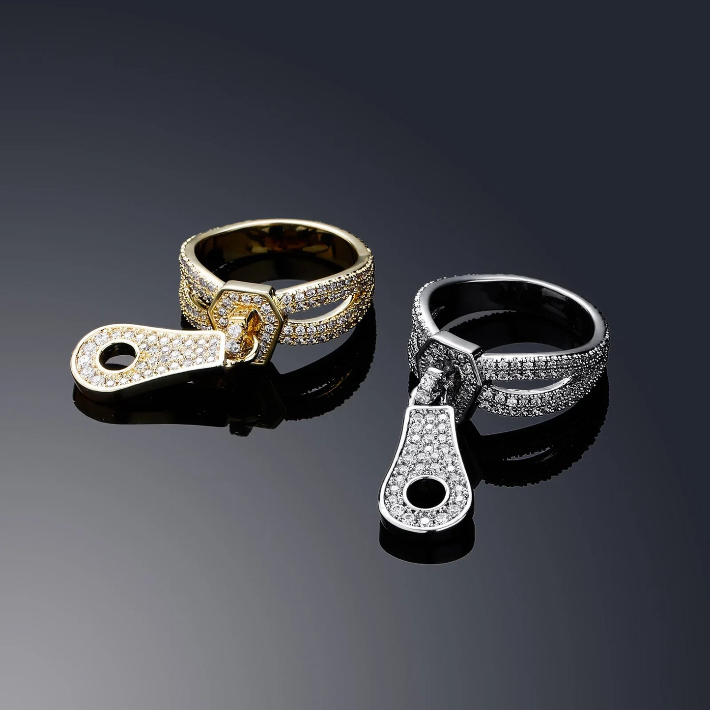 Unique Zipper Puller Hip Hop Ring | Iced Out Zirconia Band | Caratix