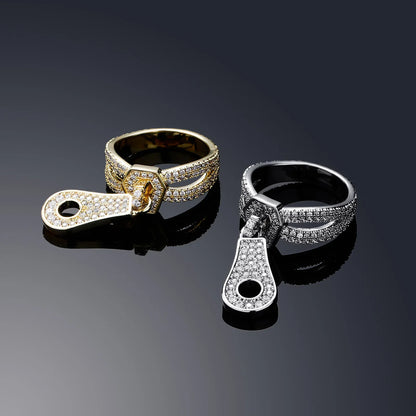Unique Zipper Puller Hip Hop Ring | Iced Out Zirconia Band | Caratix
