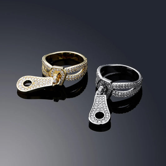 Unique Zipper Puller Hip Hop Ring | Iced Out Zirconia Band | Caratix