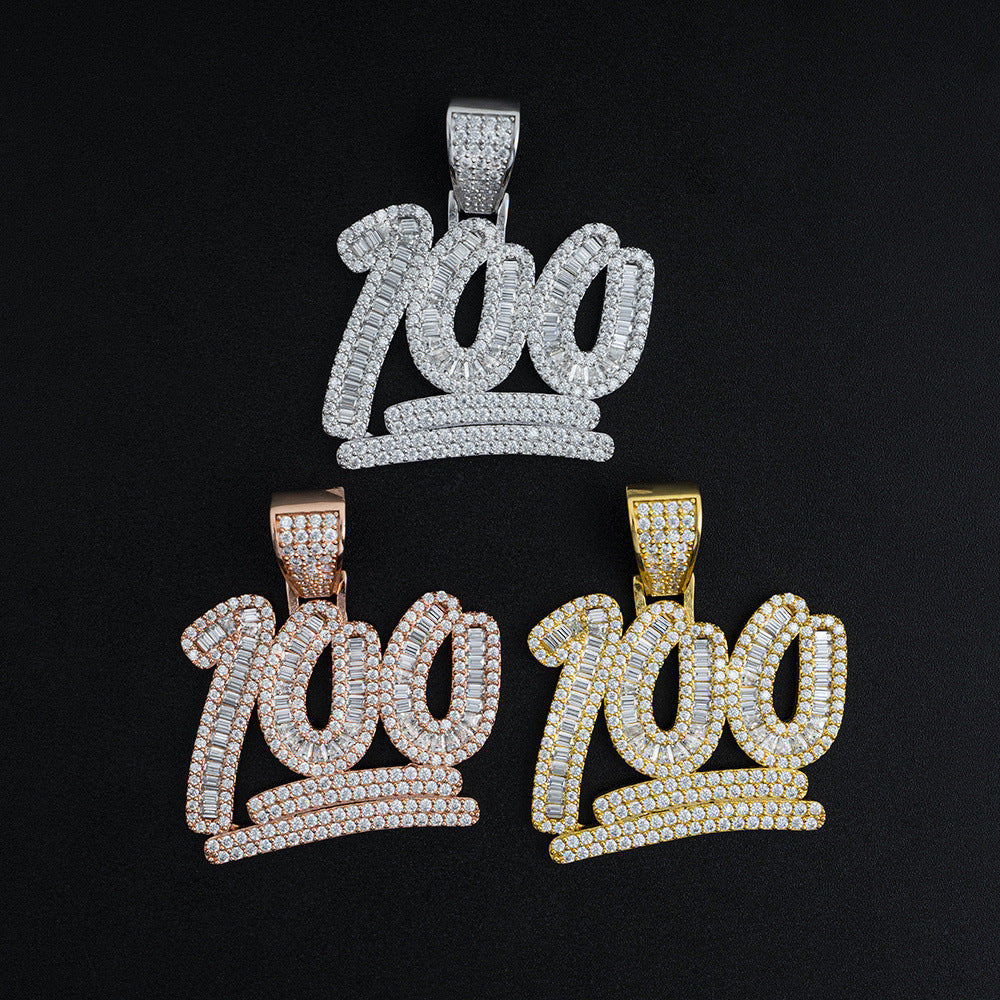 S925 Sterling Silver Moissanite 100 Emoji Pendant | Iced Out Number 100 Charm | Caratix