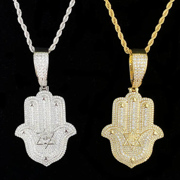 Iced Out Hand & Star Pendant | Unisex Real Copper CZ "Lucky Charm" Necklace - CaratixJewelry