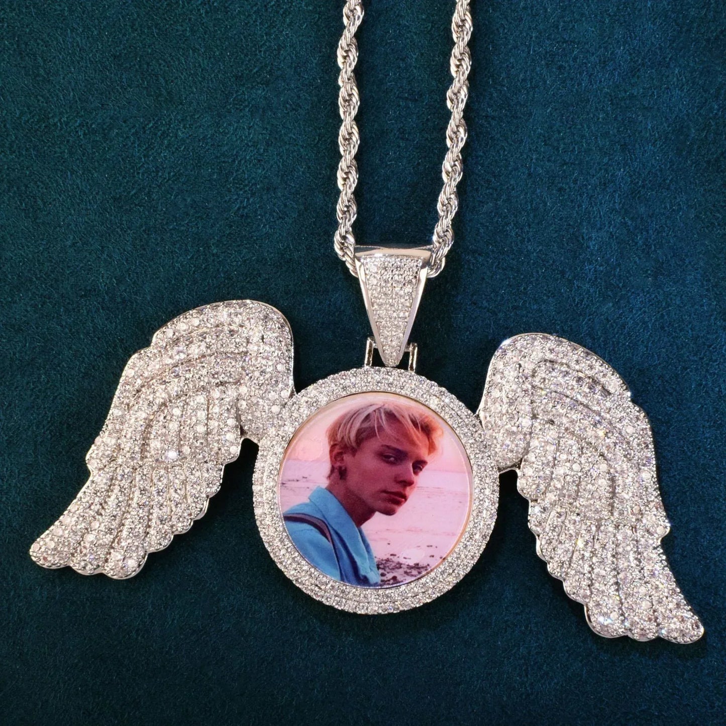 Wing Photo Pendant Necklace | Iced Out CZ Custom Picture DIY Couple Jewelry - CaratixJewelry