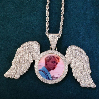 Wing Photo Pendant Necklace | Iced Out CZ Custom Picture DIY Couple Jewelry - CaratixJewelry