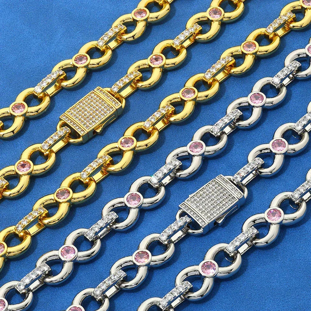 Custom 12mm Pink Zircon Infinity 8 Link Bracelet for Rapper | Caratix - CaratixJewelry