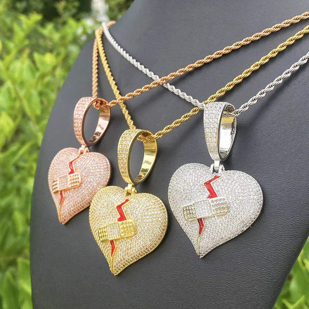 Iced Out "Mended Heart" Band-Aid Pendant | Men's Real Copper Broken Heart Necklace - CaratixJewelry
