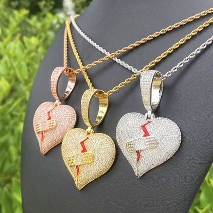 Iced Out "Mended Heart" Band-Aid Pendant | Men's Real Copper Broken Heart Necklace - CaratixJewelry