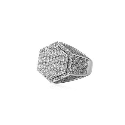 Men's Iced Out Hexagon Signet Ring | Geometric Micro-Pave Band | Caratix