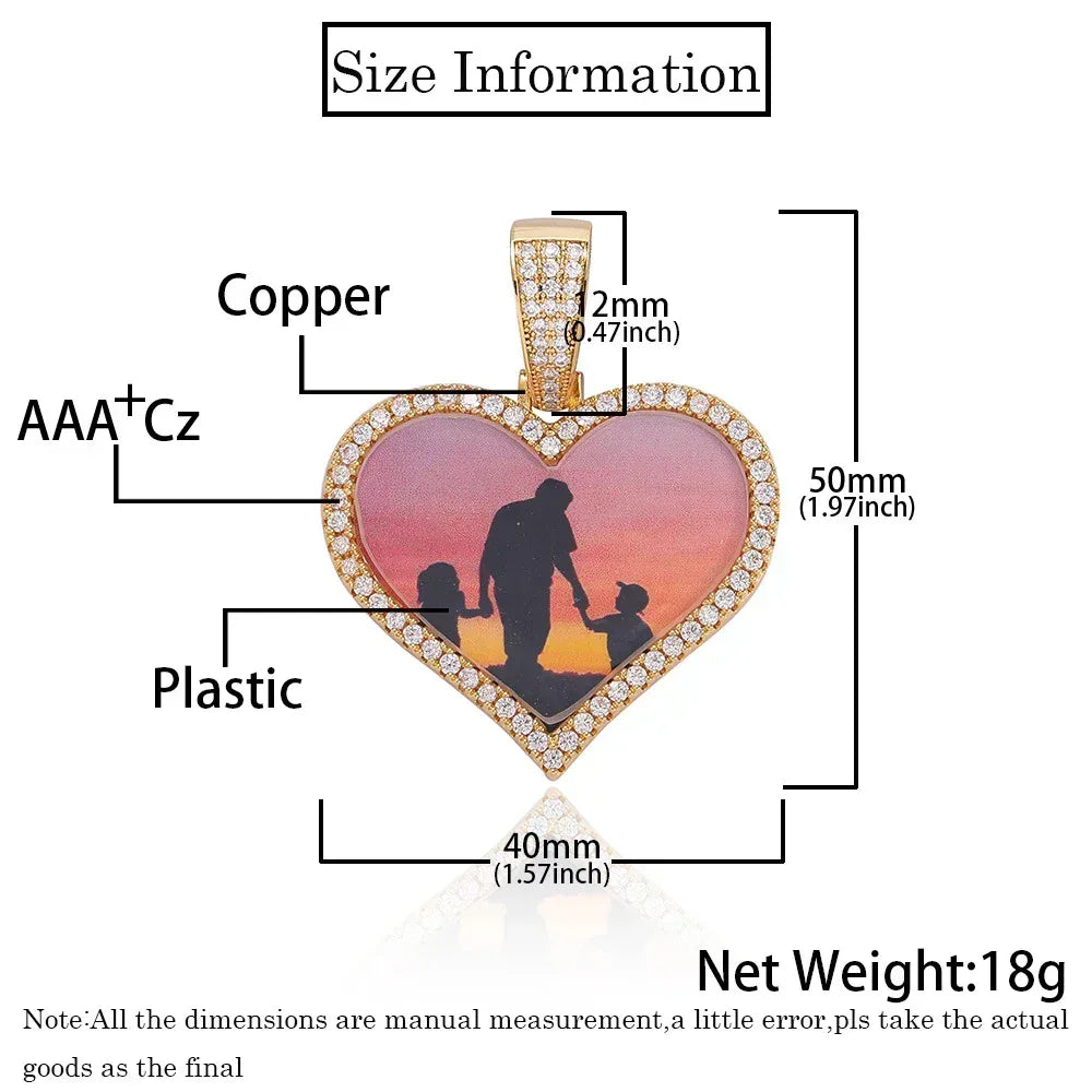 Custom Heart Photo Pendant Necklace with Zircon Stones for Men | Caratix Jewelry - CaratixJewelry