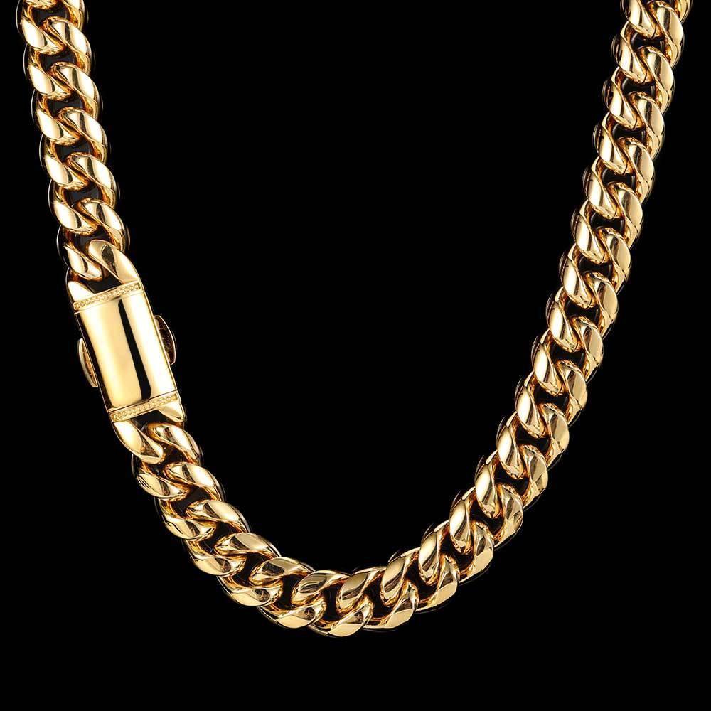12mm Cuban Chain Necklace with 18K Gold Plating and Spring Clasp for Men | Polished Stainless Steel | Caratix Jewelry - CaratixJewelry