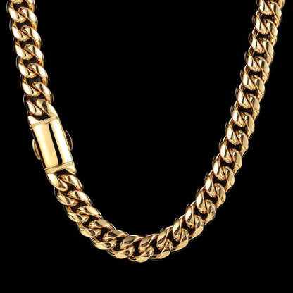 12mm Cuban Chain Necklace with 18K Gold Plating and Spring Clasp for Men | Polished Stainless Steel | Caratix Jewelry - CaratixJewelry