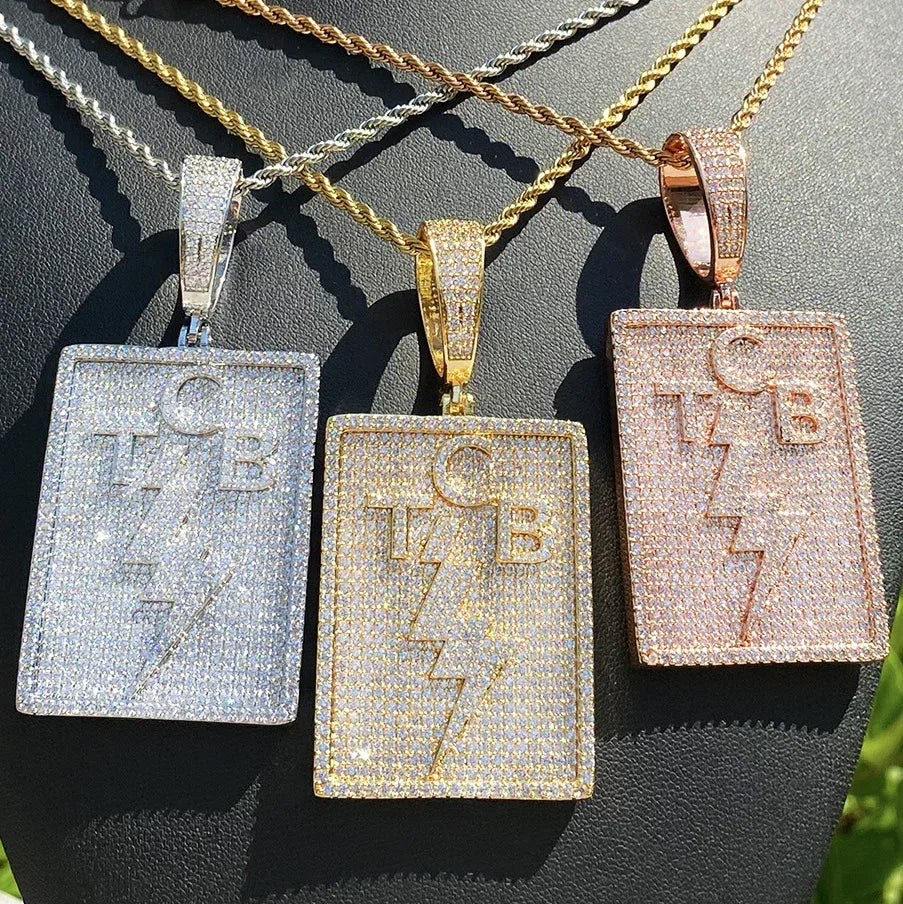 Iced Out TCB Lightning Bolt Dog Tag | Men's "Taking Care of Business" Necklace - CaratixJewelry