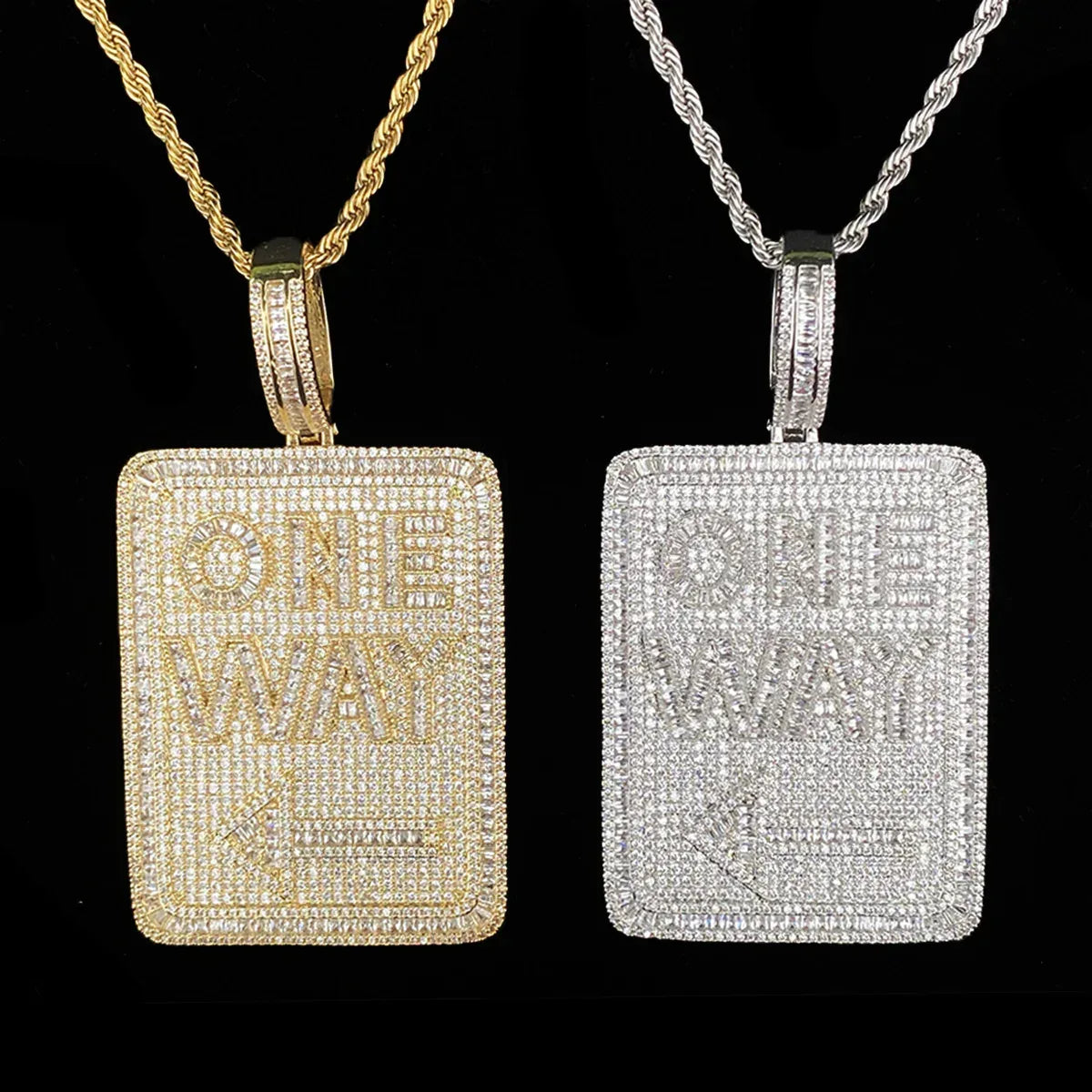 Iced Out "ONE WAY" Rectangular Pendant | Men's Real Copper CZ Plaque Necklace - CaratixJewelry