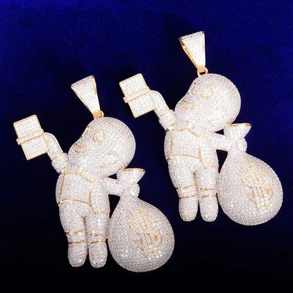 Iced Out "Money Bag Boy" Pendant | Unisex Real Copper CZ Necklace - CaratixJewelry
