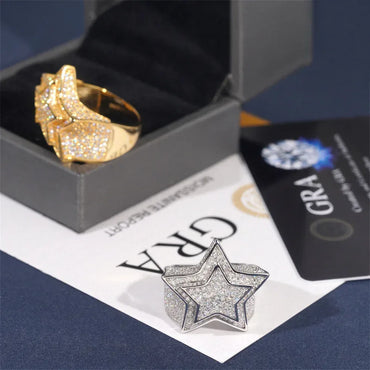 D-Color VVS Moissanite Star Ring | S925 Silver Unisex Iced Out Hip Hop Jewelry - CaratixJewelry