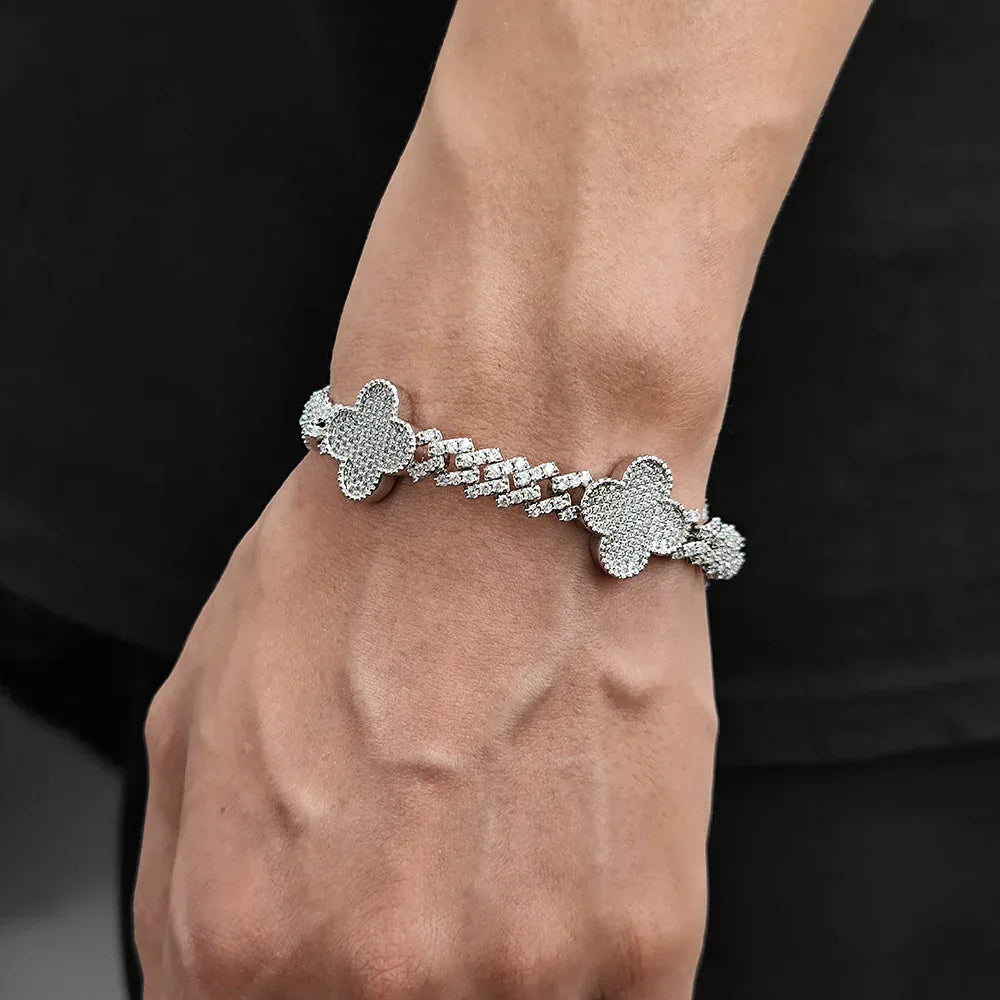 Clover-Shaped Zircon Cuban Link Bracelet with Spring Clasp - CaratixJewelry