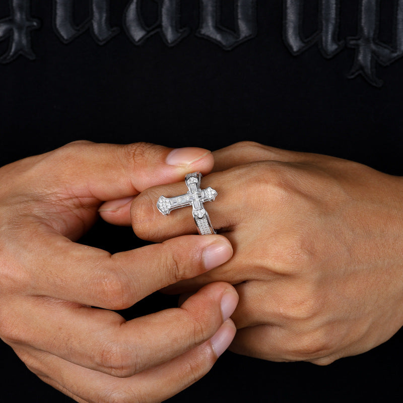 Ice-Block Baguette Moissanite Cross Ring Silver | Caratix