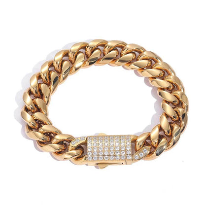 Polished Round Cuban Link Titanium Bracelet Zircon Hip Hop Jewelry Push Button Clasp for Men | Caratix Jewelry - CaratixJewelry
