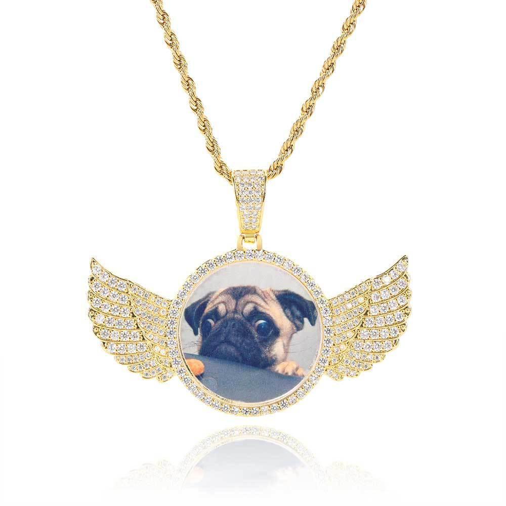 Custom Angel Wings Round Photo Pendant Necklace with Zircon Stones for Men | Caratix Jewelry - CaratixJewelry