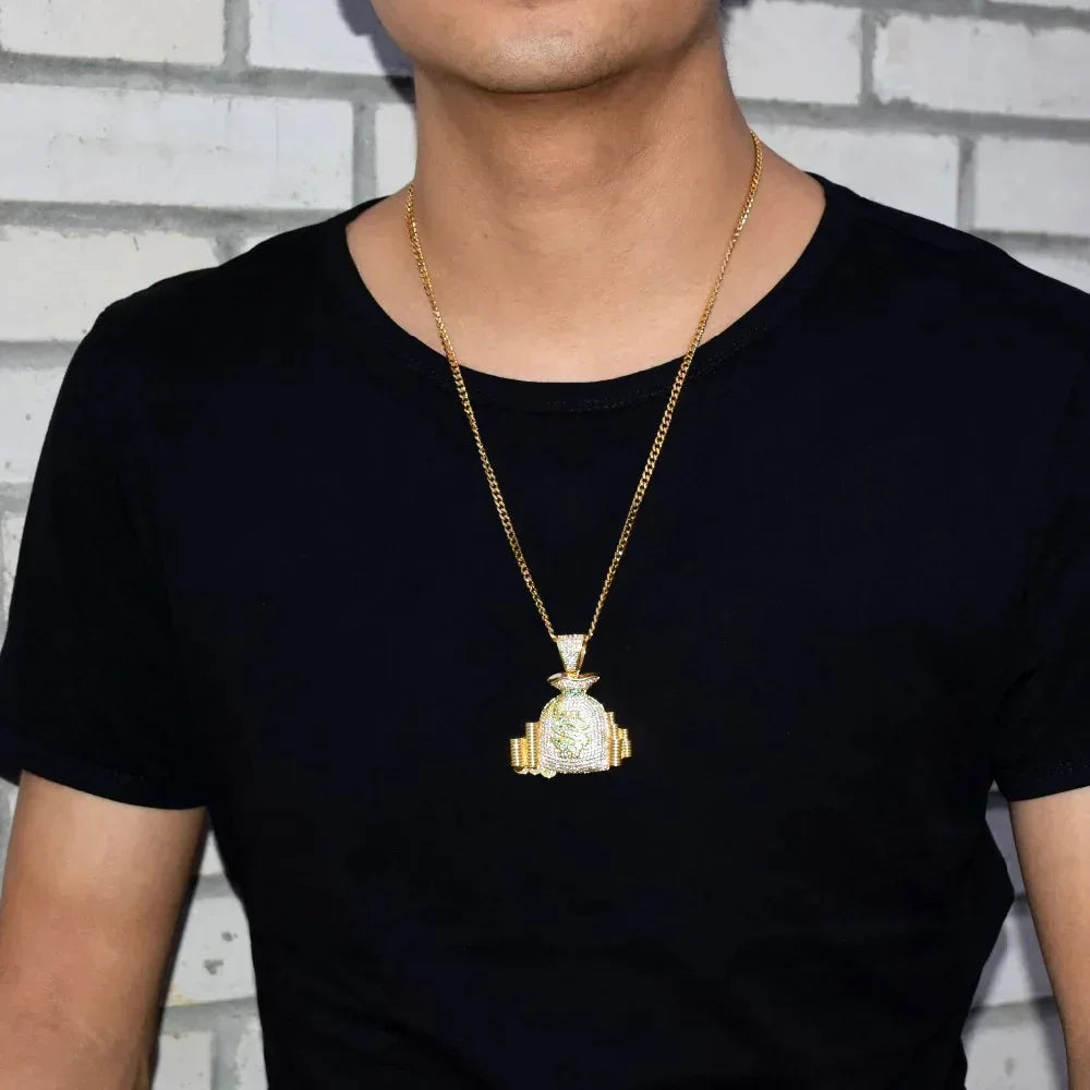 Iced Out Money Bag Pendant | Men's Real Gold Plated Necklace | Premium Copper CZ Dollar Sign Sack | Secure The Bag Jewelry | Caratix - CaratixJewelry