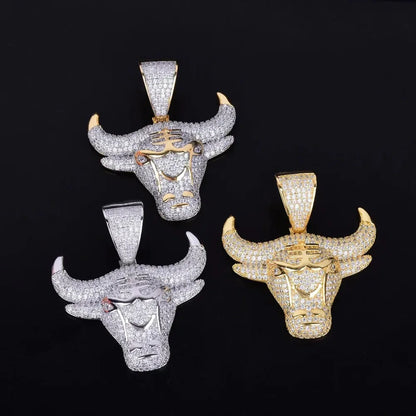 Iced Out Raging Bull Head Pendant | Men's Taurus Zodiac Necklace | Premium Copper CZ Chicago Style Jewelry | Wall Street Wealth Charm | Caratix - CaratixJewelry