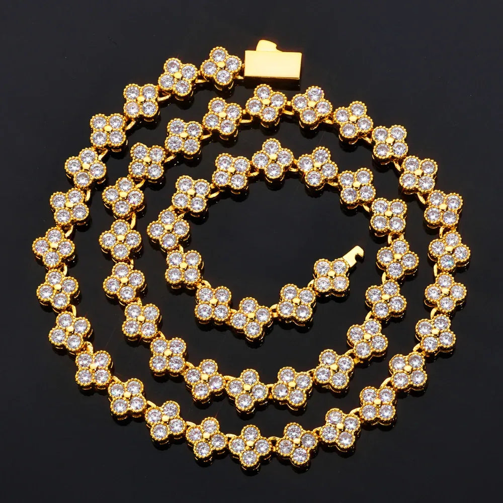7mm Men's Full Zircon Clover & Plum Blossom Necklace | Niche Floral Iced Out Chain | Premium Hip Hop Bling | Caratix - CaratixJewelry