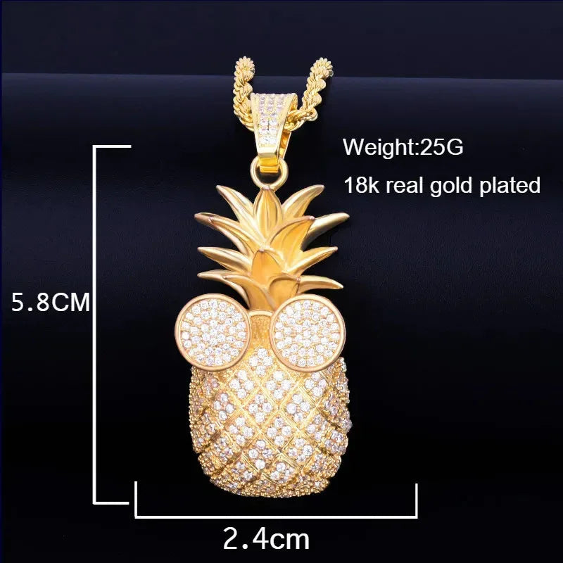 Iced Out 'Cool Pineapple' with Glasses Pendant | Men's Tropical Hip Hop Fruit Necklace | Premium Copper CZ Swag Jewelry | Summer Vacation Bling | Caratix - CaratixJewelry