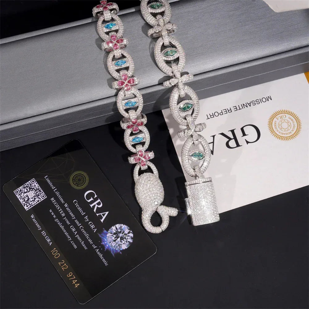 Colored Moissanite Eye & Cross Bracelet – S925 Sterling Silver Iced-Out Hip Hop Streetwear Jewelry - CaratixJewelry