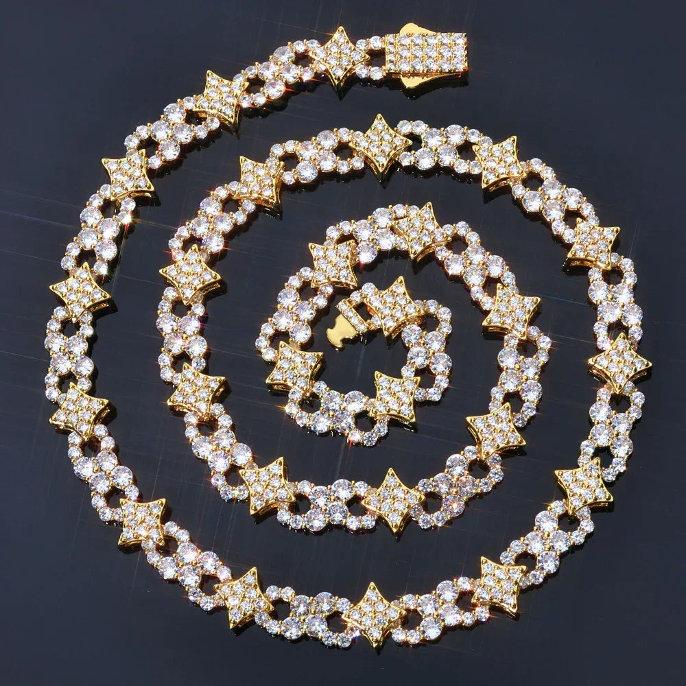 12mm Star Moissanite Cuban Link Chain – S925 Sterling Silver Iced-Out Hip Hop Men’s Luxury Streetwear Necklace - CaratixJewelry