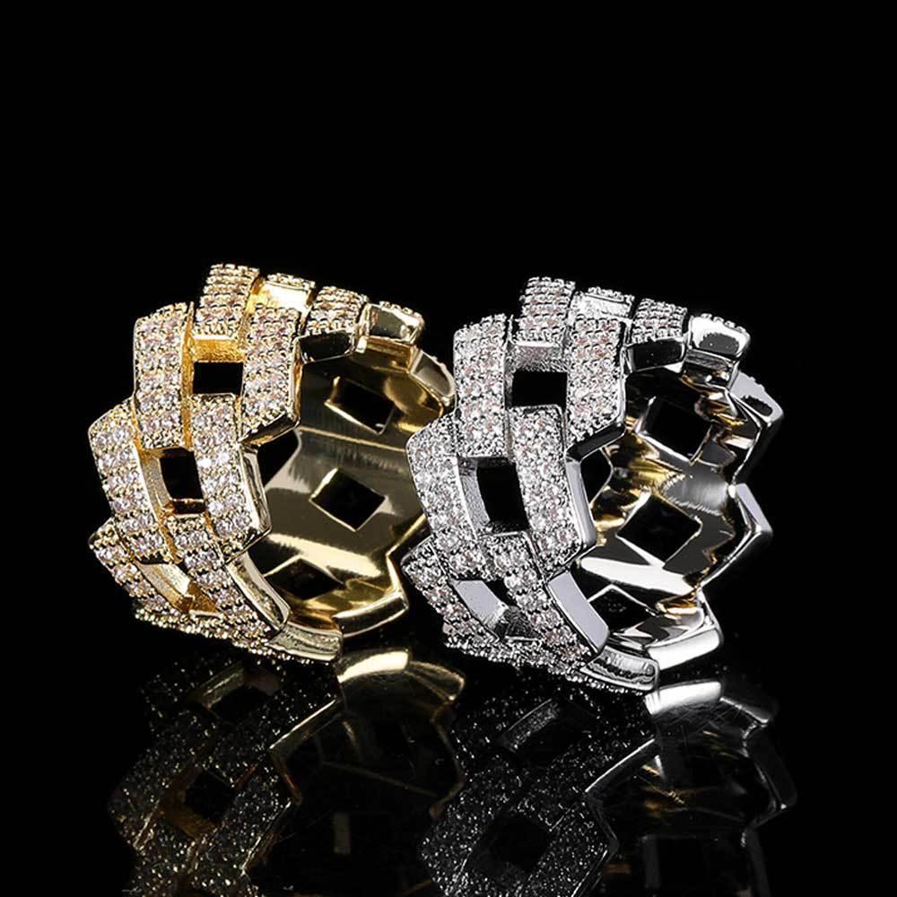 14mm -Shaped Cuban Ring with Double Row Zircon Stones and 18K Gold Plating for Men | Trendy Hip Hop Jewelry | Caratix Jewelry - CaratixJewelry