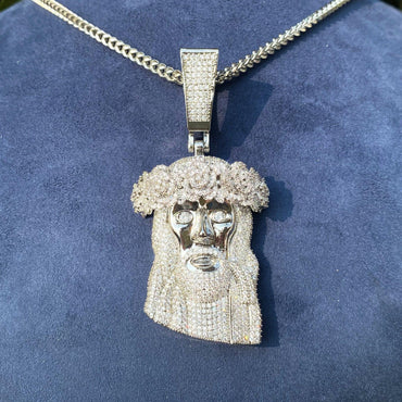 Women's Iced Out Jesus Head Pendant with Rose | Real Copper CZ Necklace - CaratixJewelry