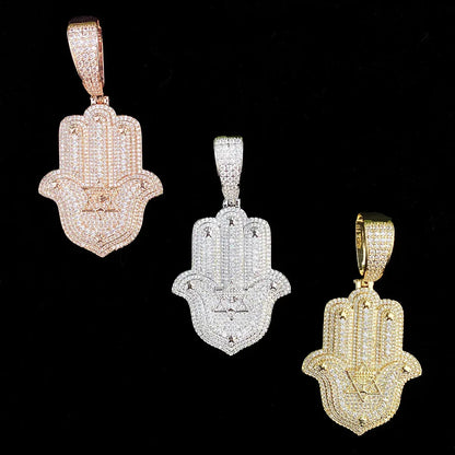 Iced Out Hand & Star Pendant | Unisex Real Copper CZ "Lucky Charm" Necklace - CaratixJewelry