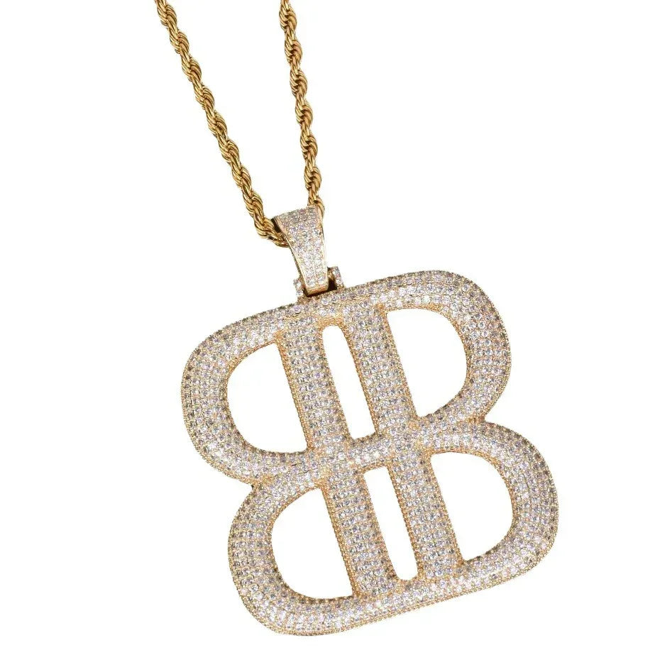 Iced Out Double "B" Letter Pendant | Men's Symmetrical Monogram Necklace | Premium Copper CZ Initial Jewelry | Luxury Designer Style Bling | Caratix - CaratixJewelry