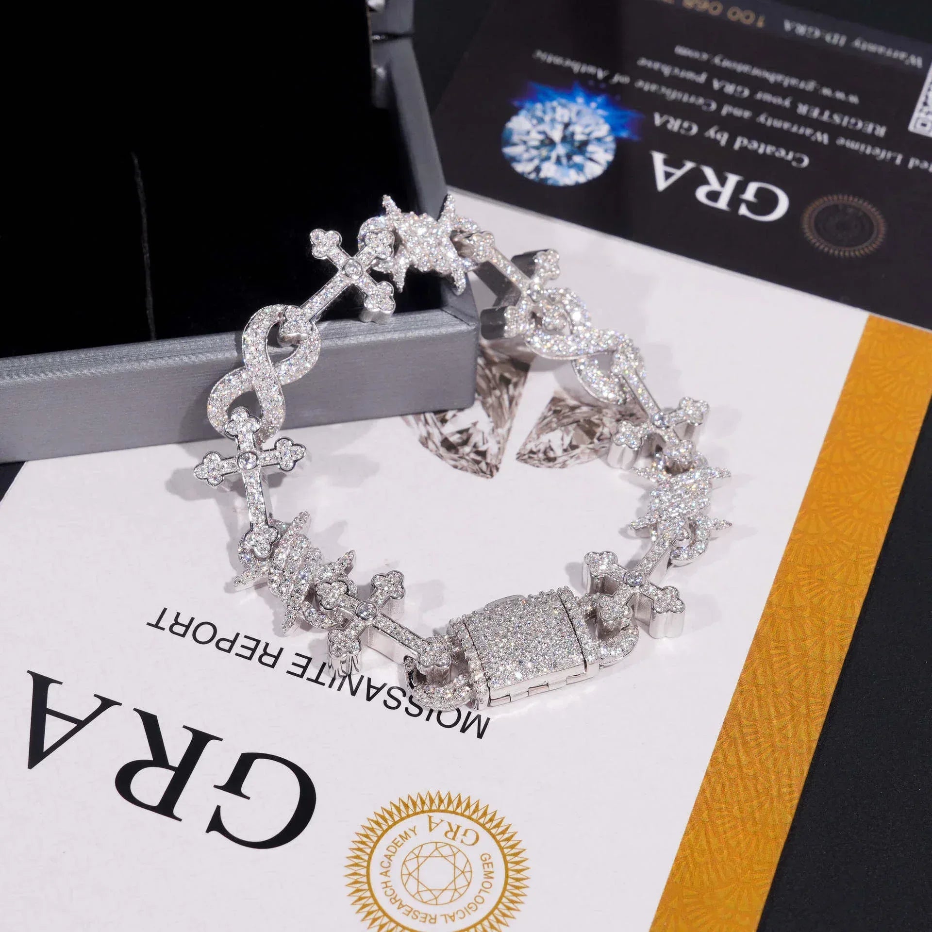 12mm Moissanite Cross Cuban Link Bracelet – S925 Sterling Silver Iced-Out Hip Hop Jewelry with Figure-8 Clasp - CaratixJewelry
