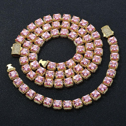 Custom 10mm Pink Baguette Sugar Link Necklace Hip Hop Bling | Caratix - CaratixJewelry