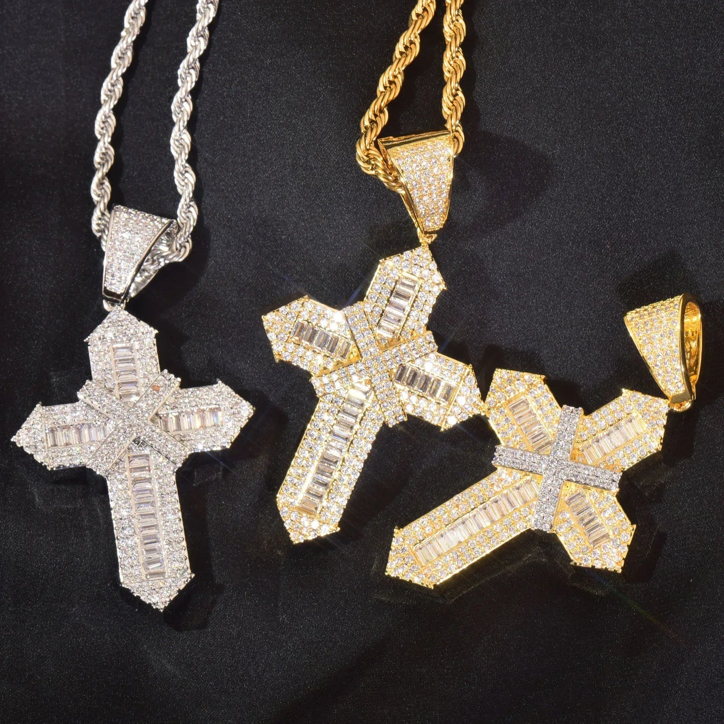 Iced Out Cross Pendant Necklace – Step-Cut Mixed Stone - CaratixJewelry