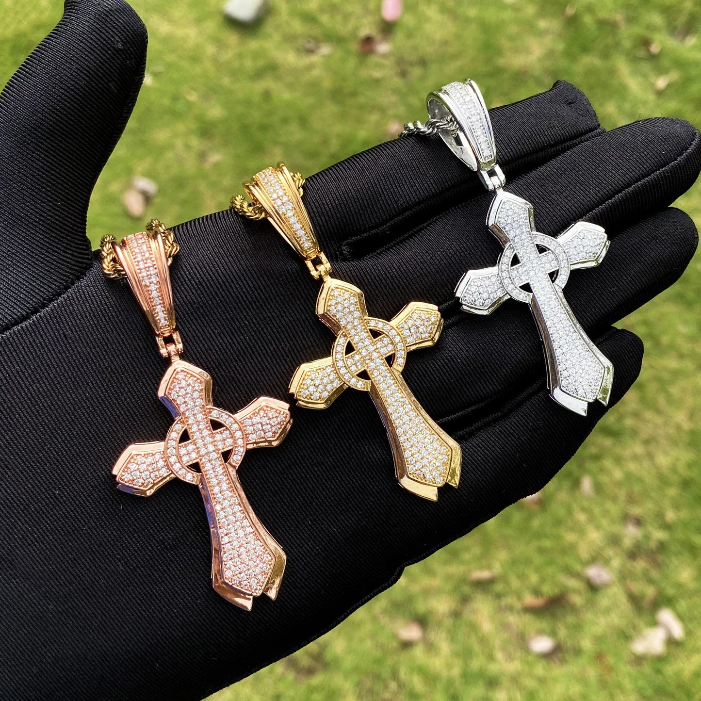 Iced Out Halo Cross Pendant | Women's Round Center Religious Necklace | Premium Copper CZ Elegant Hip Hop Jewelry | Divine Light Charm | Caratix - CaratixJewelry